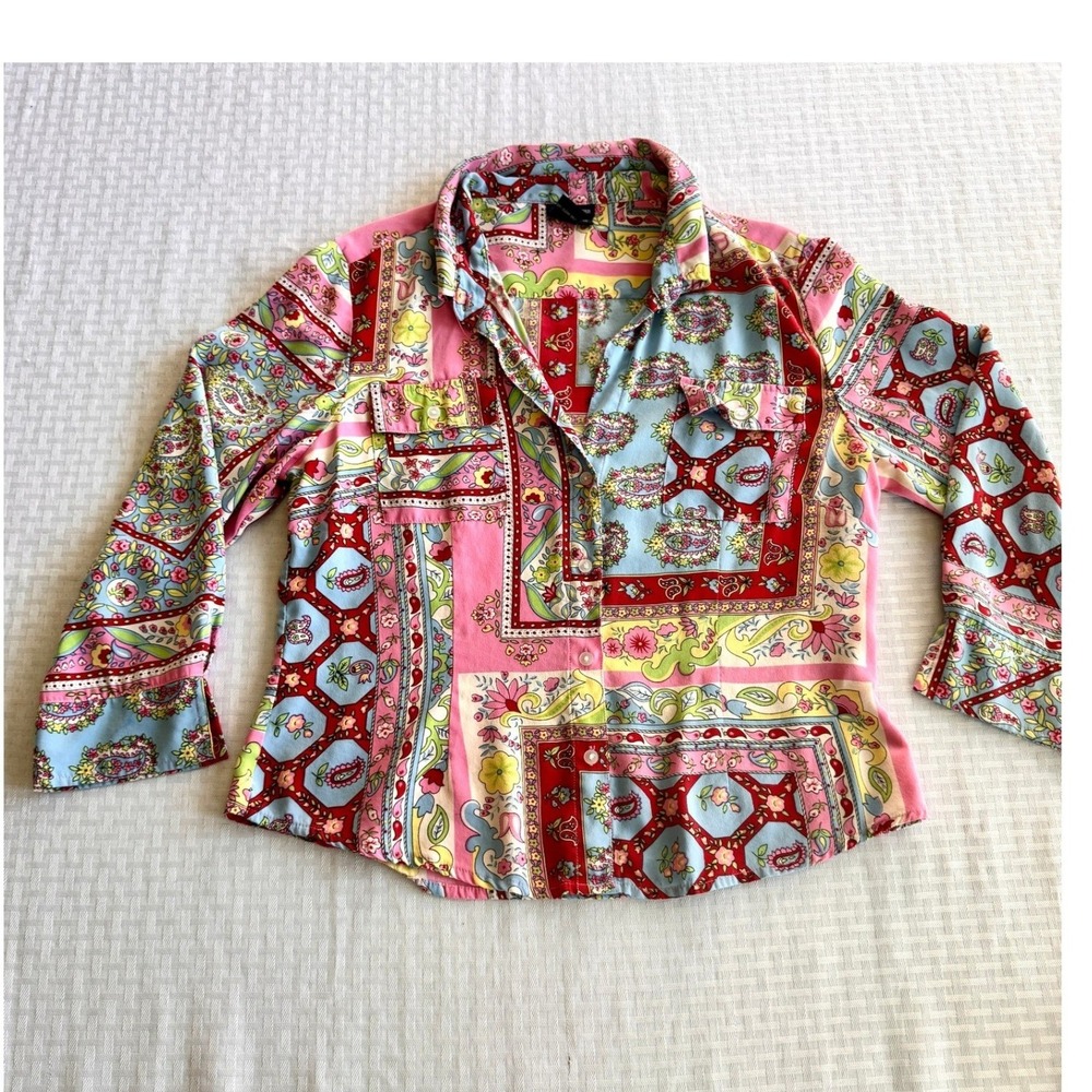 Boston Proper 100% Silk Paisley Patchwork Blouse Pink Blue Vintage Style Size 12